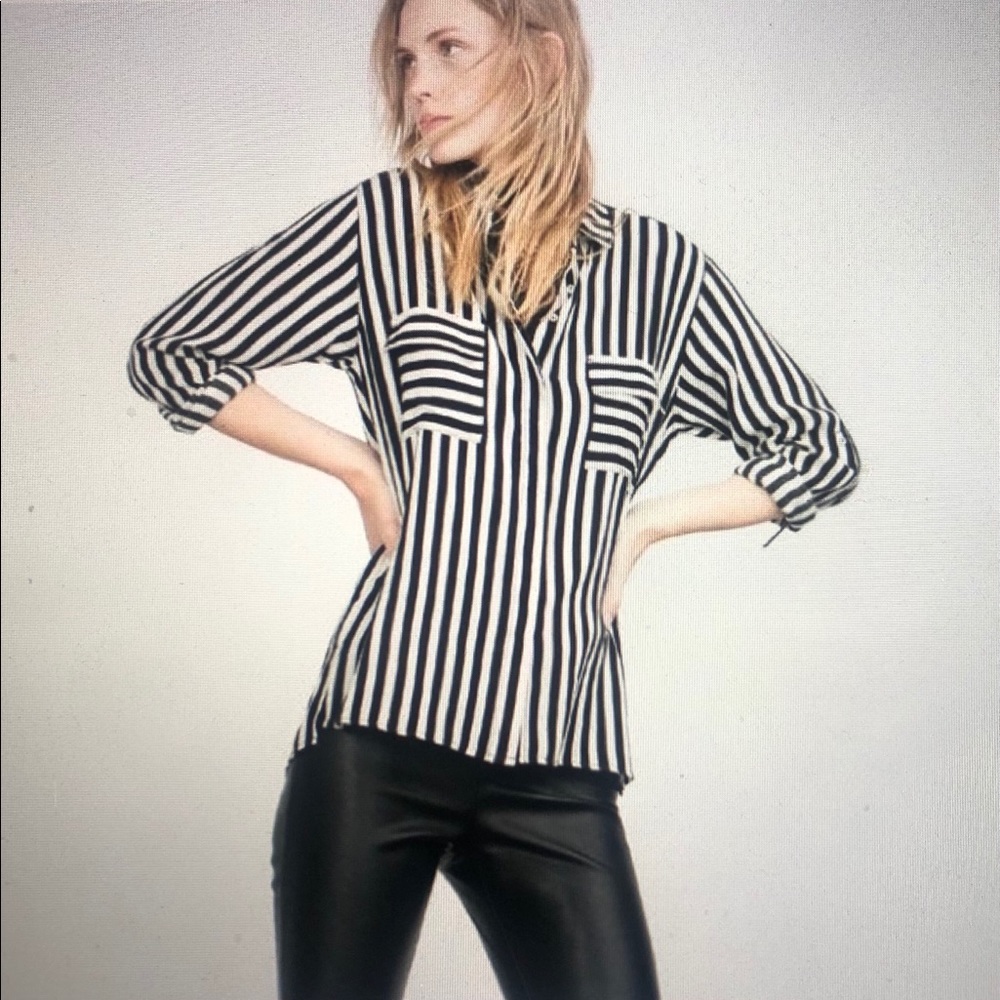 Zara basic black & white striped button down top
